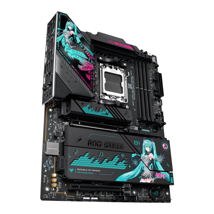 ROG STRIX X870E-H GAMING WIFI7 HATSUNE MIKU EDITION front view, 60 degrees, viewed from the bottom left looking upward