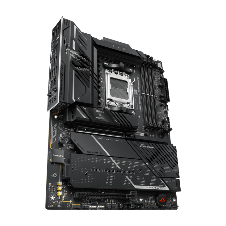 ROG STRIX X870E-H GAMING WIFI7 front view, tilted 45 degrees