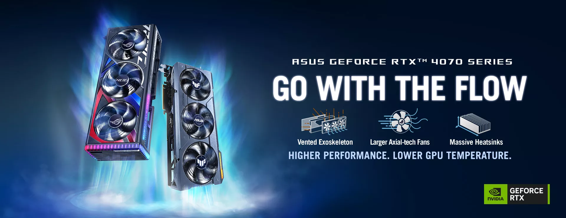 The ROG Strix GeForce RTX 4070 graphics card and ASUS TUF Gaming GeForce RTX 4070 graphics card hero banner graphics