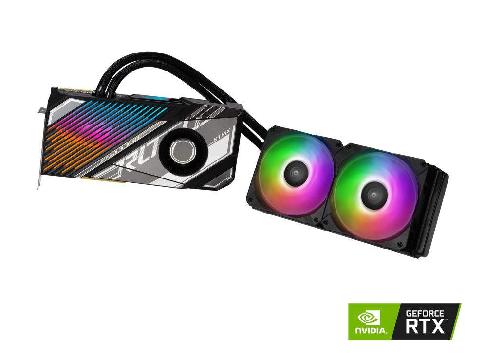 ROG Strix LC GeForce RTX 3090 Ti graphics card and radiator, front angled view with ARGB fans