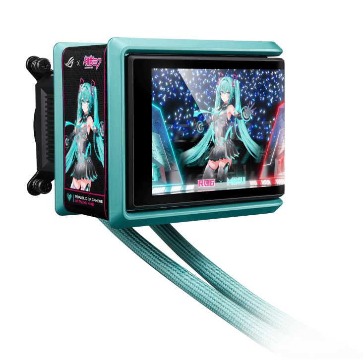 Side view of ROG Ryuo IV 360 ARGB Miku Edition liquid cooler with customizable LCD and teal braided tubes