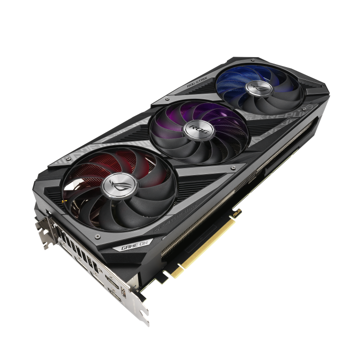 ROG-STRIX-RTX3080-O10G-V2-GAMING graphics card, highlighting the axial-tech fans and ARGB element