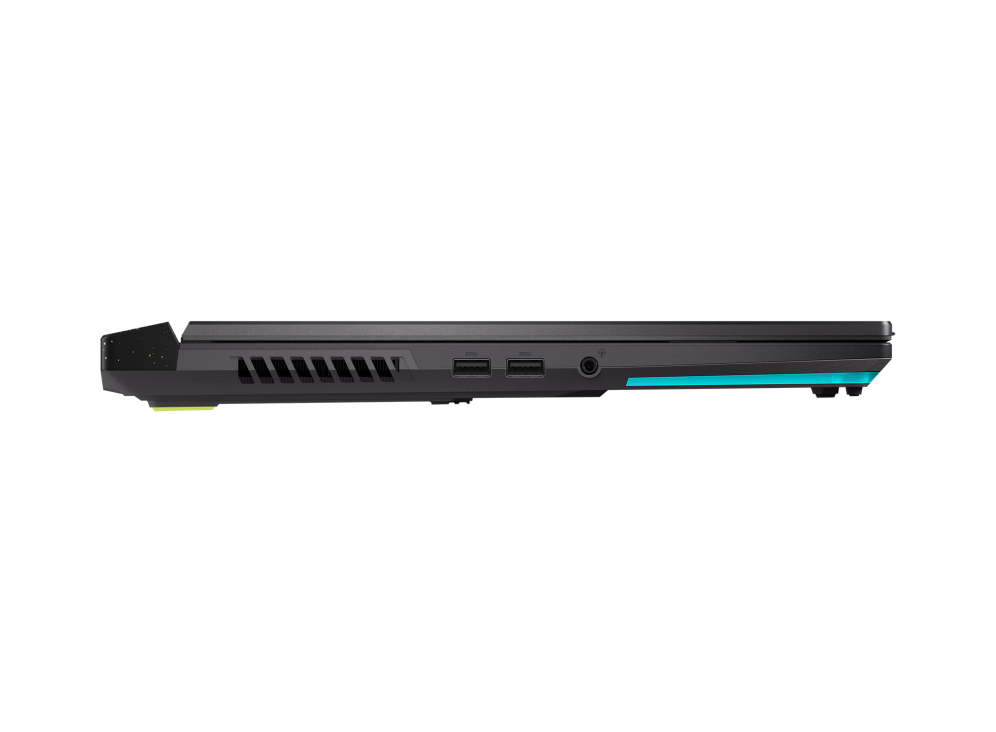 Profile view of the Strix G17, with emphasis on the wrap around RGB lightbar, audio plug, and dual USB Type-A ports.