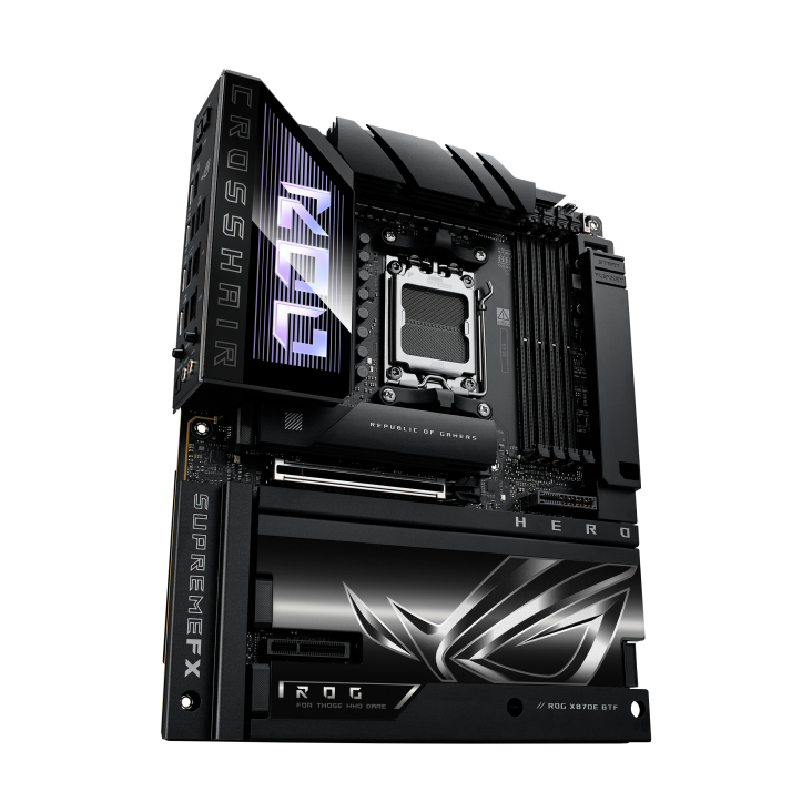 ROG CROSSHAIR X870E HERO BTF angled view from left