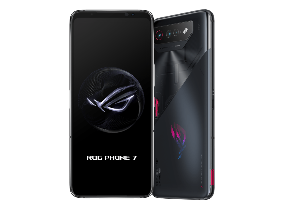 ROG Phone 7 in Phantom Black angled view from front and the other ROG Phone 7 in Phantom Black angled view from back, tilting at 45 degrees