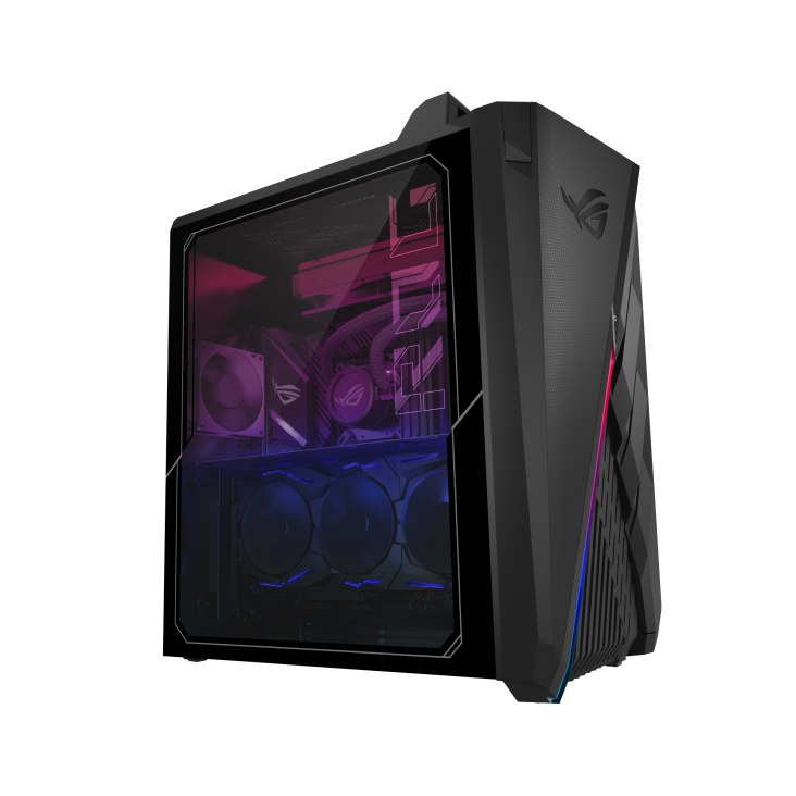 ROG Strix GT35 desktop tilted to the right with a transparent case revealing the internal structure of the computer