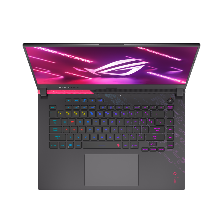 Top down view of the Volt Green ROG Strix G15, with the NumberPad and keyboard illuminated and ROG logo on screen.