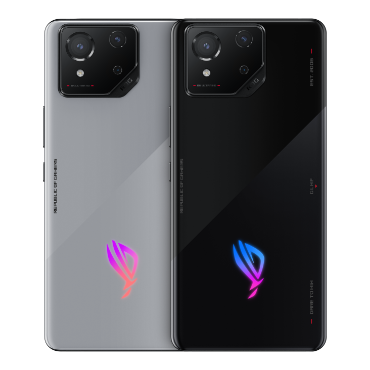Two ROG Phone 8 in both Phantom Black and Rebel Grey angled view from back slantingly