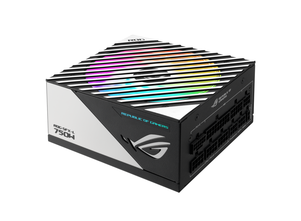 Front side angle of ROG Loki SFX-L 750W Platinum with rainbow lighting effect