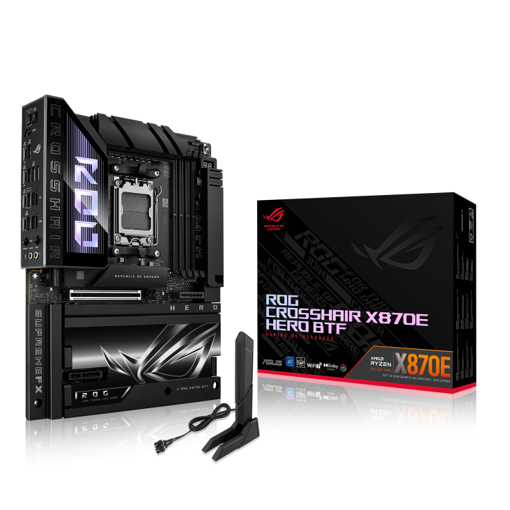 ROG CROSSHAIR X870E HERO BTF angled view from left with the box