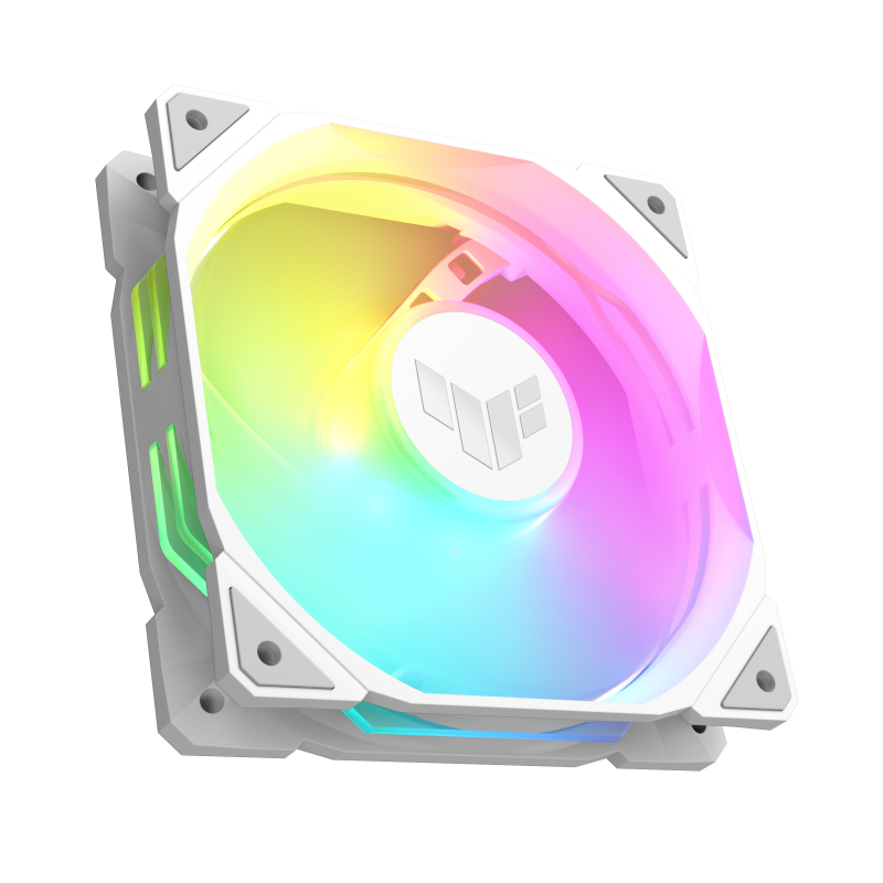 TUF Gaming TR120 ARGB Fan Reverse White hero shot showing the duo side patterns with aura lighting