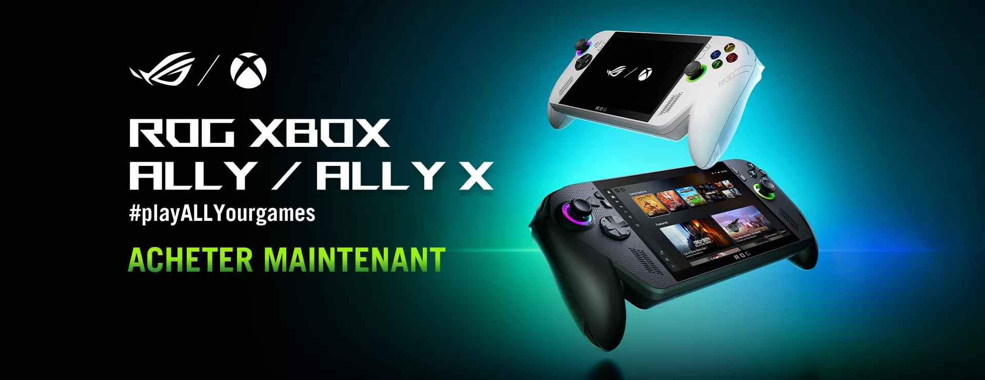 A white ROG Xbox Ally and a black Xbox Ally X