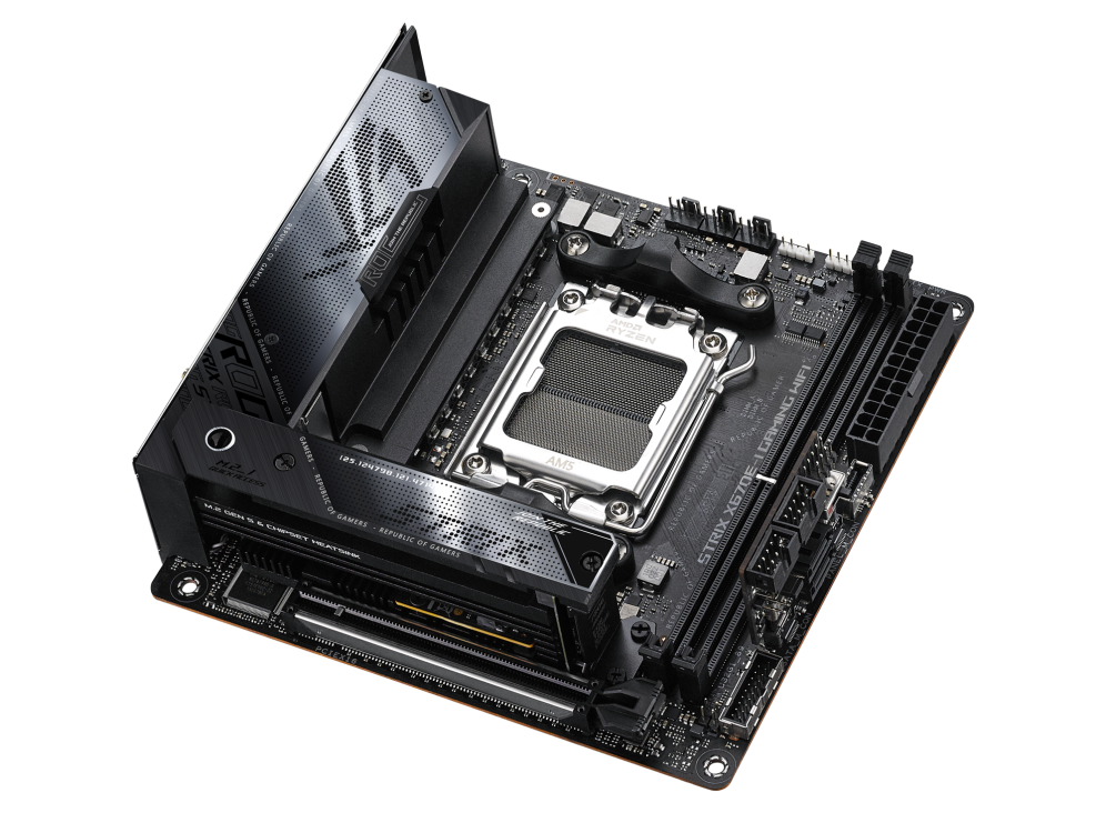 ROG STRIX X670E-I GAMING WIFI top and angled view from right