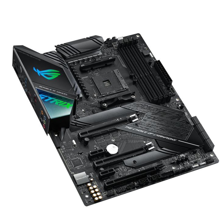 ROG Strix X570-F Gaming top and angled view from left