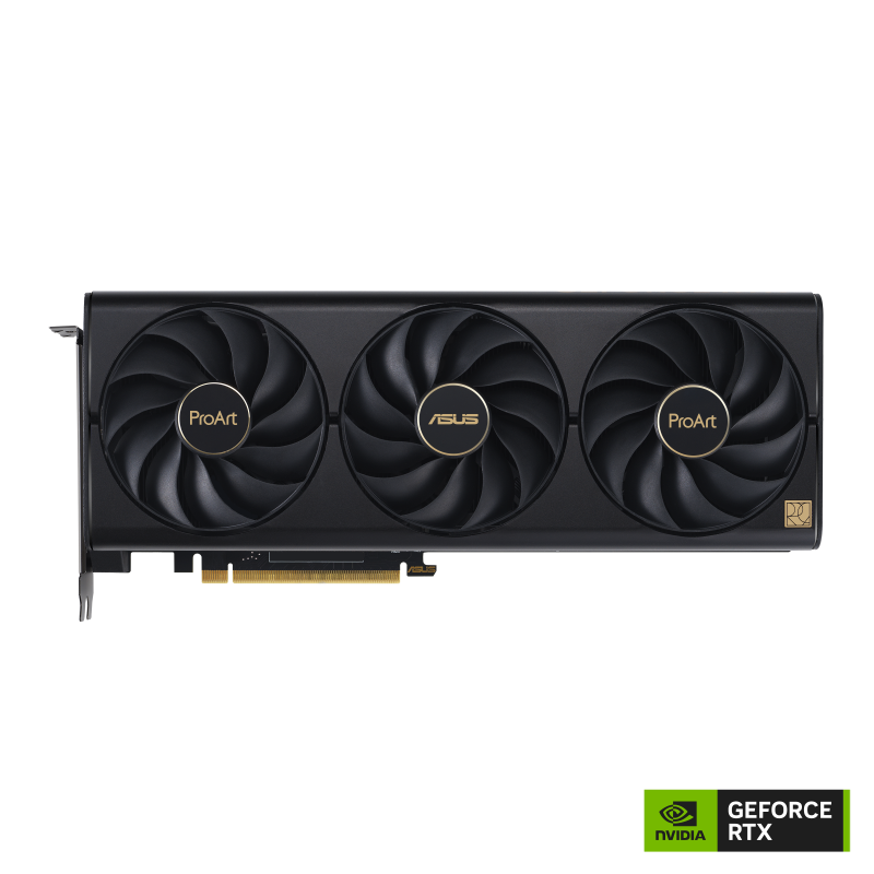 Front side of the ASUS ProArt GeForce RTX 4080 SUPER graphics card with logo