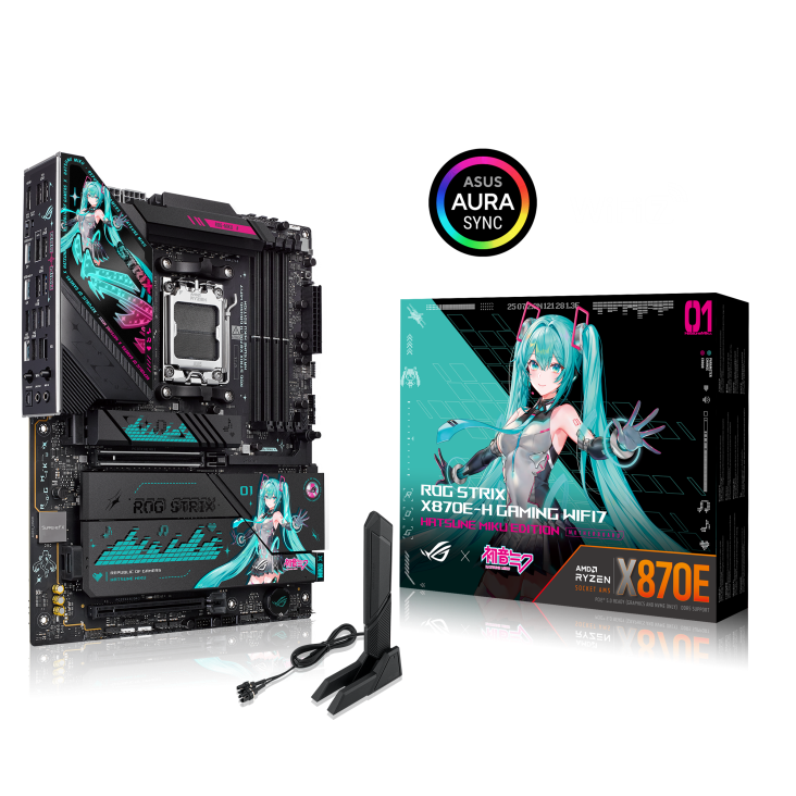 ROG STRIX X870E-H GAMING WIFI7 HATSUNE MIKU EDITION front view, 45 degrees, viewed from left, with WiFi antenna and color box