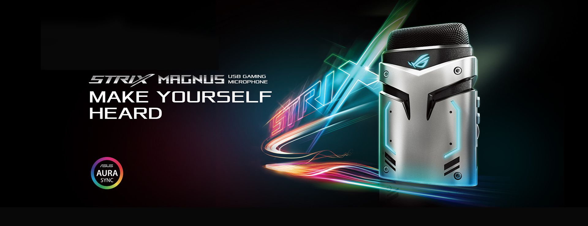 ROG Strix Magnus USB gaming microphone product photo with a glowing Strix logo in the background and a ASUS Aura Sync icon