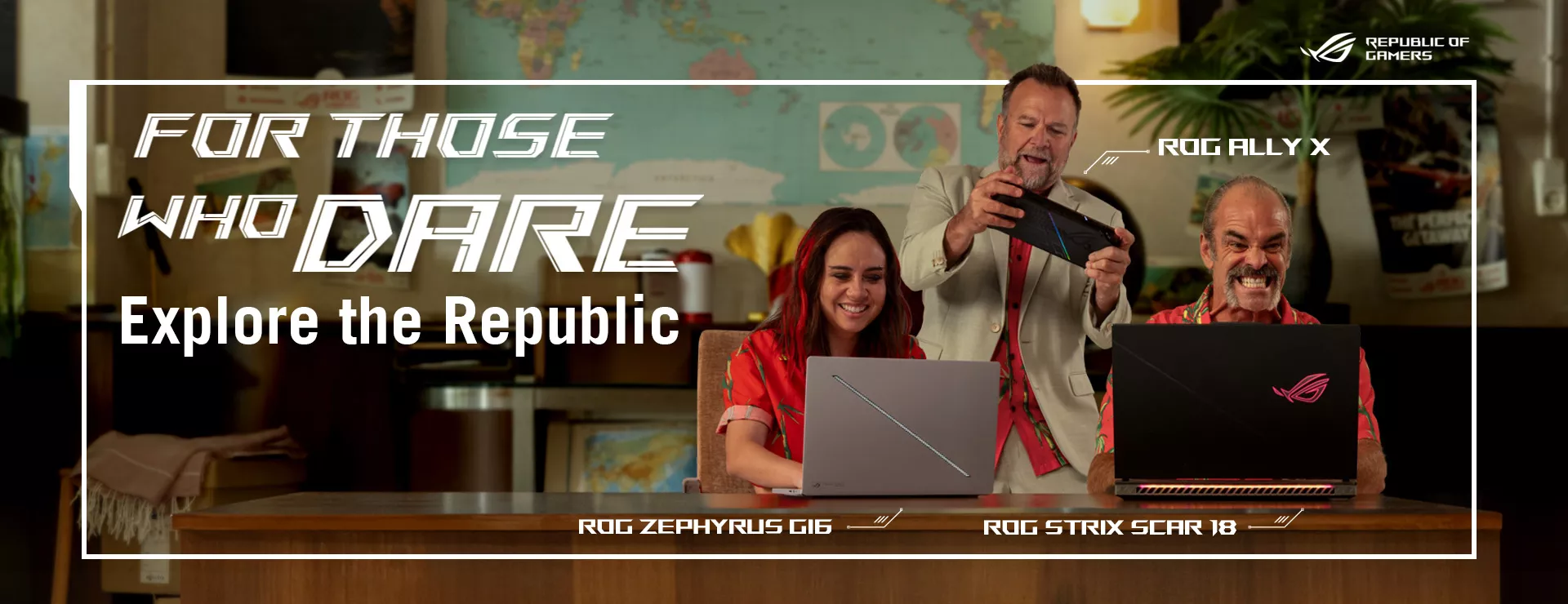 Promotional banner featuring ASUS ROG laptops with the slogan "FOR THOSE WHO DARE - Explore the Republic." Displayed are two laptop models and one gaming handheld: ROG Zephyrus G14, ROG Strix SCAR 18 and ROG Ally X, set in a cozy indoor environment.