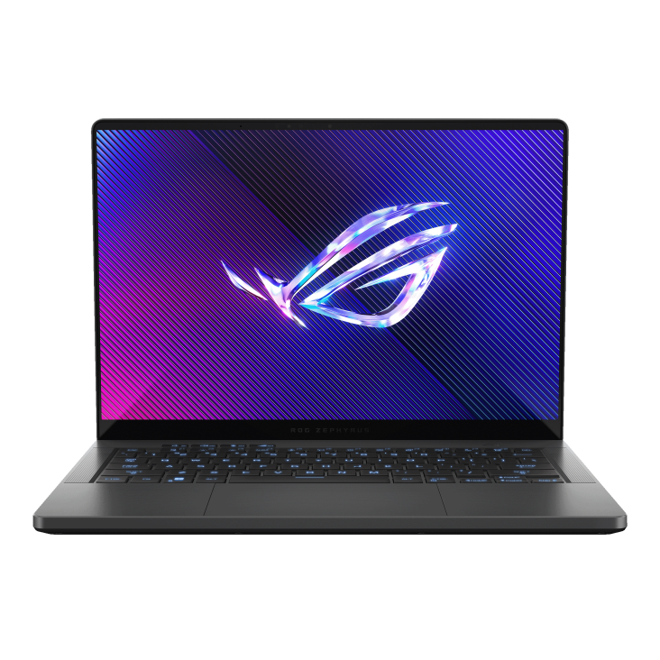 Front view of the Zephyrus G14, with the ROG Fearless Eye logo on screen