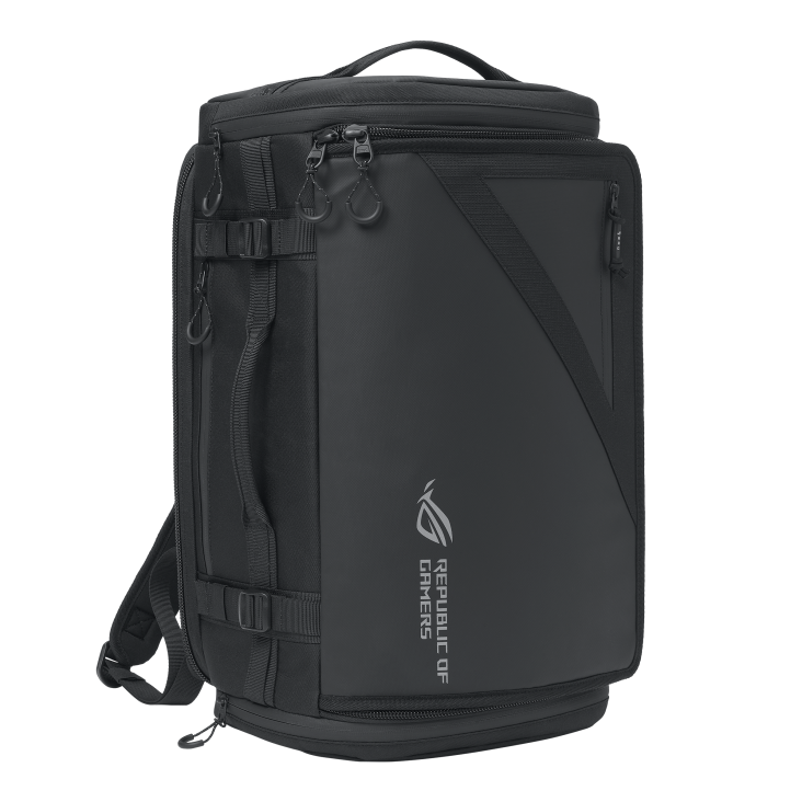 Right side front angle shot of the ROG Archer Weekender 17 sitting by itself, with emphasis on the ROG logo and slash design