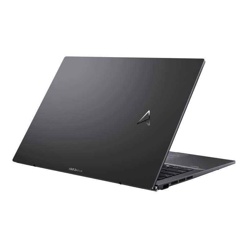 Black ASUS Zenbook 14 opened at 45 degrees and is viewed from the rear. 