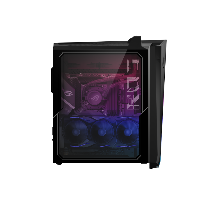 The right side of the ROG Strix GT35 desktop, with a transparent case revealing the internal structure of the computer