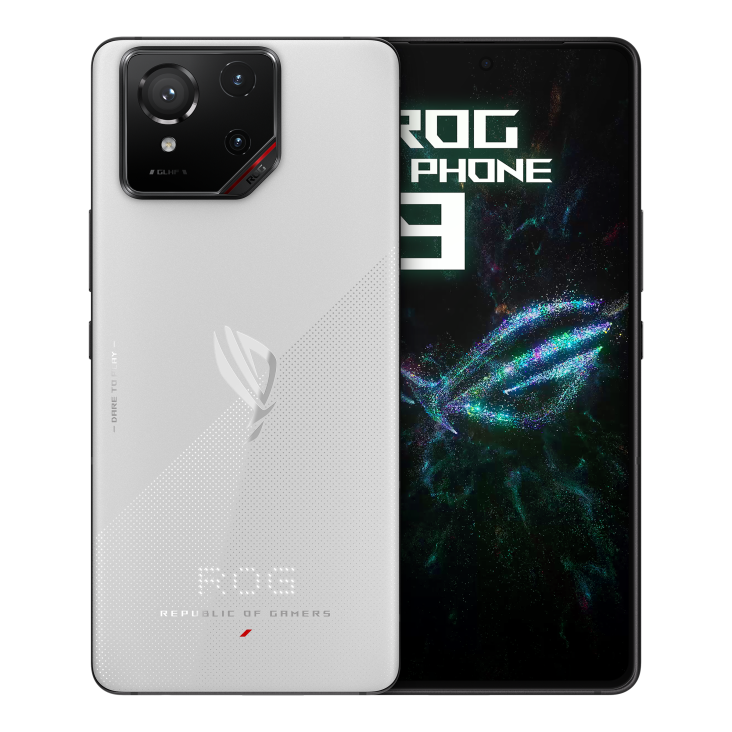 Two ROG Phone 9 Storm White angled view from both front and back.