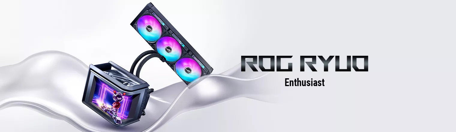 ROG Ryuo IV SLC 360 ARGB stands on liquid, exhibiting its strong cooling performance.
