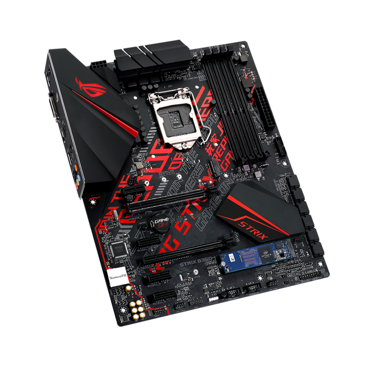 ROG STRIX B360-G GAMING top and angled view from right, with AURA lighting