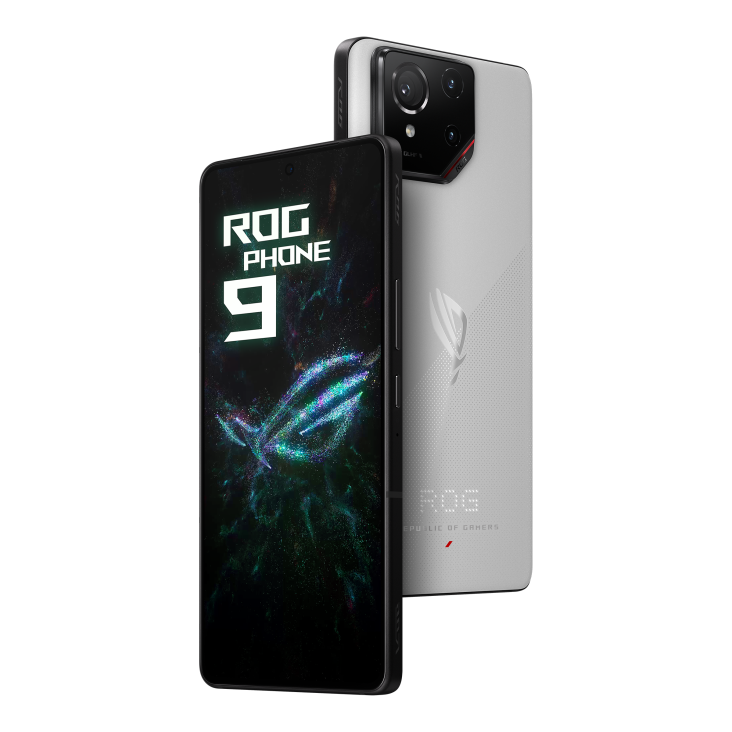 Two ROG Phone 9 Storm White angled view from both front and back, tilting at 45 degrees.