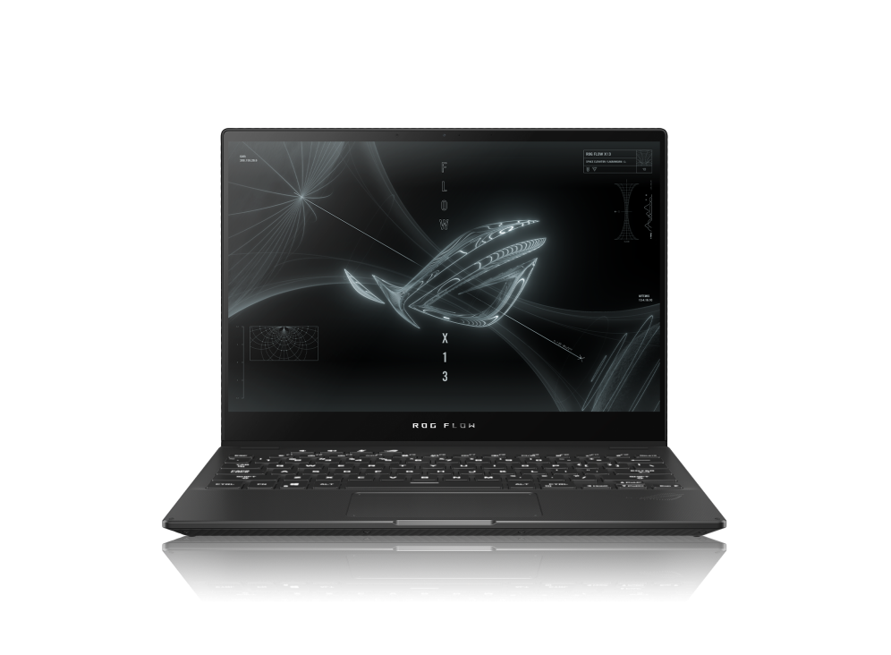 Front view of the Flow X13, with the ROG logo on screen.