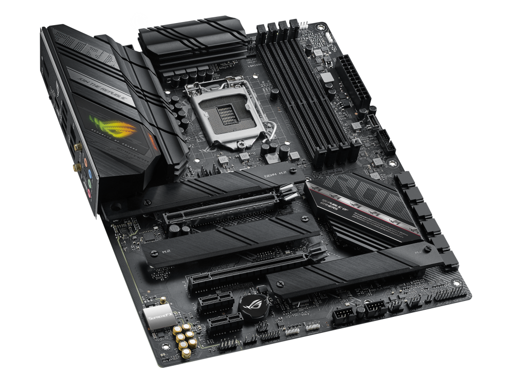 ROG STRIX B560-F GAMING WIFI top and angled view from right