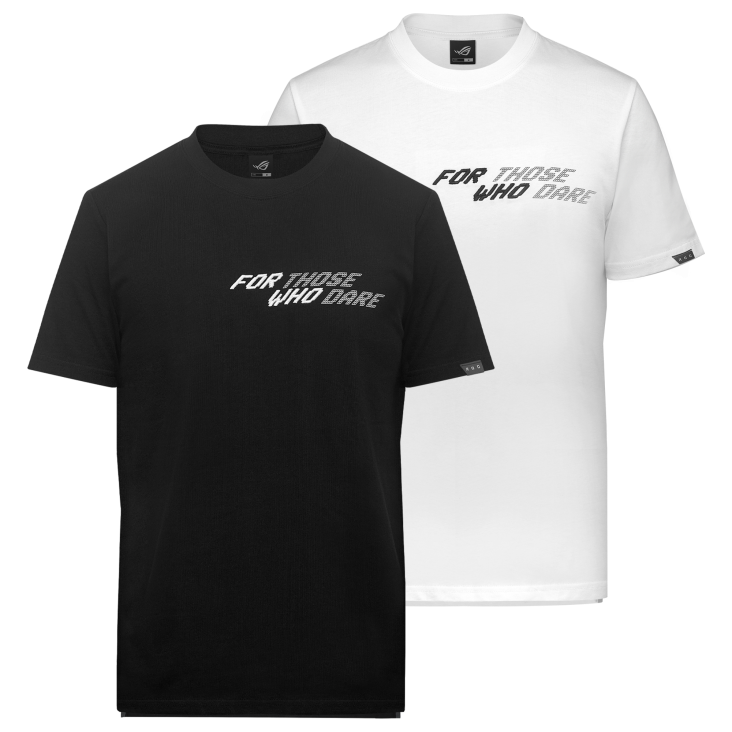 Front view of ROG DigiPixel T-shirts in black and white