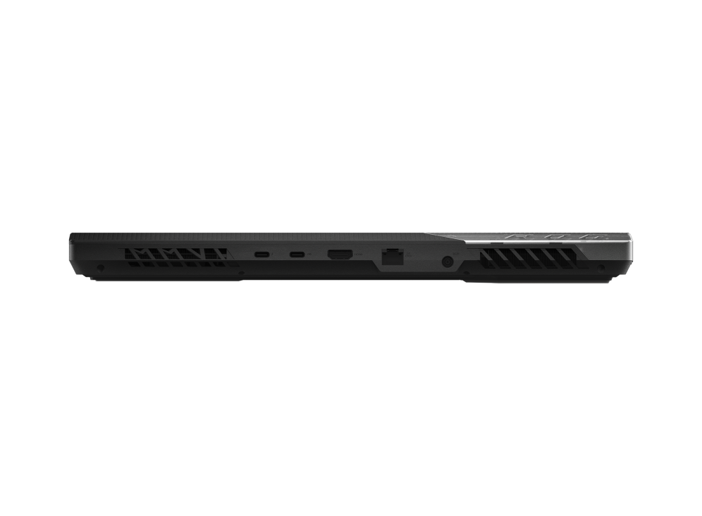 Profile view of the rear of the Strix SCAR 15, with emphasis on the rear I/O and heatsinks.