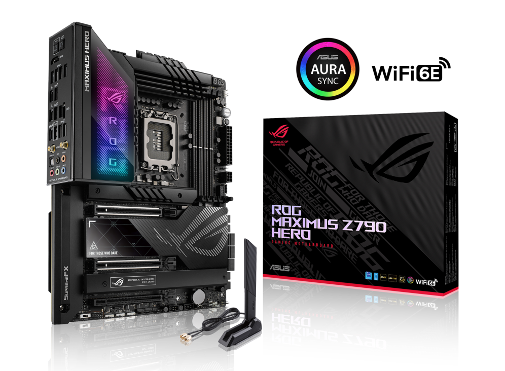 ROG MAXIMUS Z790 HERO angled view from left with the box and Aura Sync