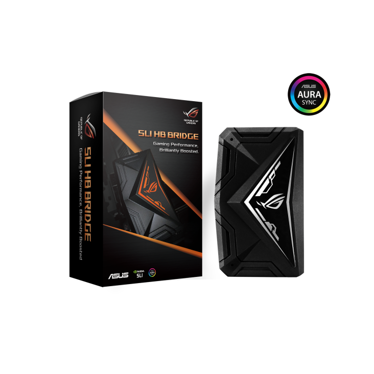 ROG SLI High-Bandwidth Bridge with packaging and Aura Sync logo