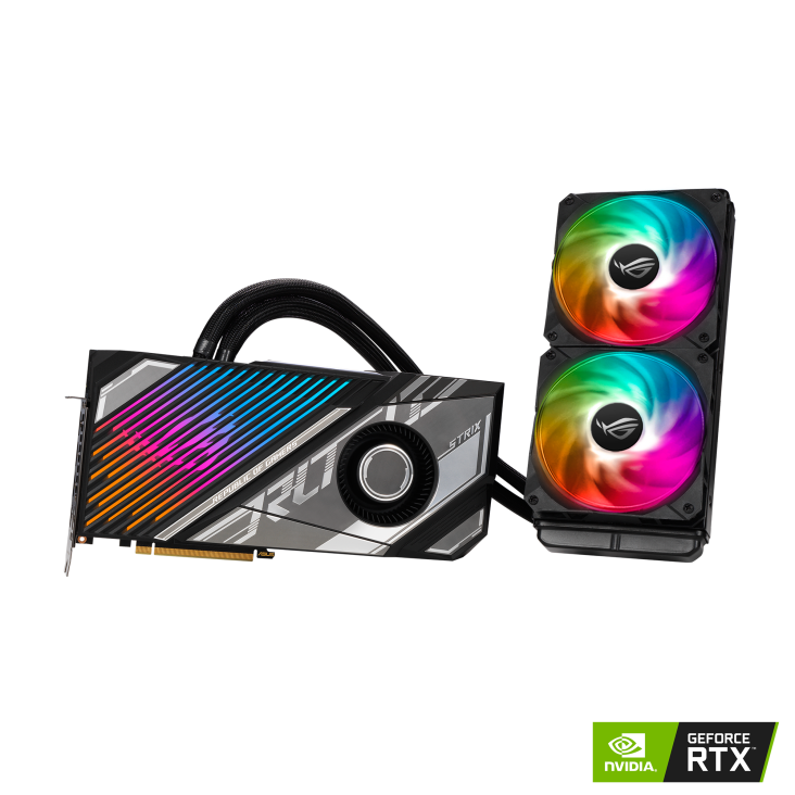 ROG-STRIX-LC-RTX3080TI-12G-GAMING graphics card and radiator, front angled view with ARGB fans