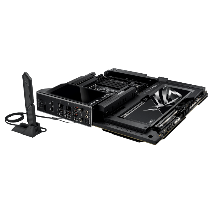 ROG MAXIMUS Z890 EXTREME lie flat, viewed from the I/O ports side, with WIFI Q-Antenna