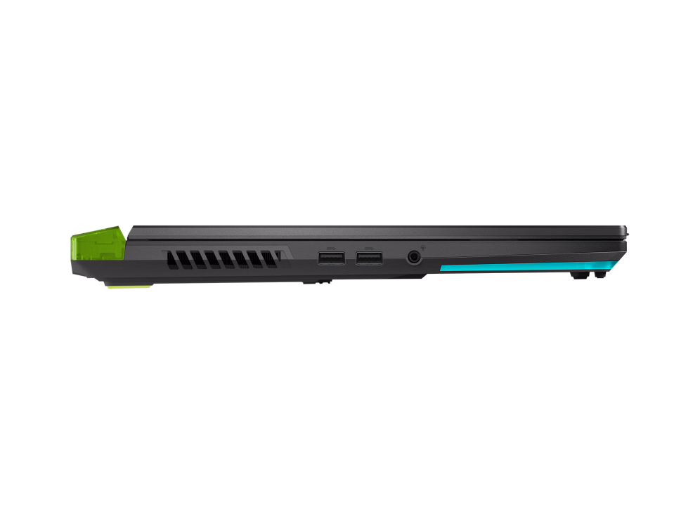 Profile view of the Strix G17, with emphasis on the wrap around RGB lightbar, audio plug, and dual USB Type-A ports.