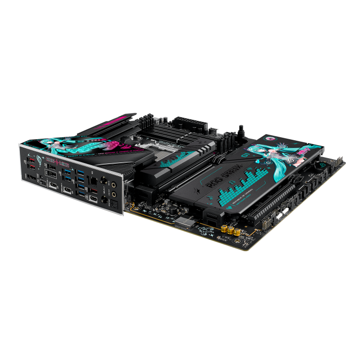 ROG STRIX X870E-H GAMING WIFI7 HATSUNE MIKU EDITION lie flat, viewed from the I/O ports side