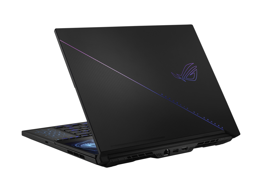 Off center shot of the Duo 16 with the lid open showing the ROG Fearless Eye logo