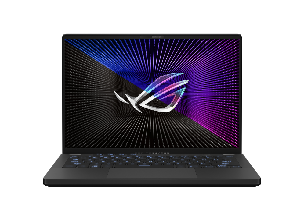 Front view of the Zephyrus G14, with the ROG Fearless Eye logo on screen