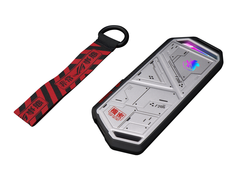 ROG Stirx Arion EVA Edition front view, tilted 45 degrees with Evangelion-themed carrying strap