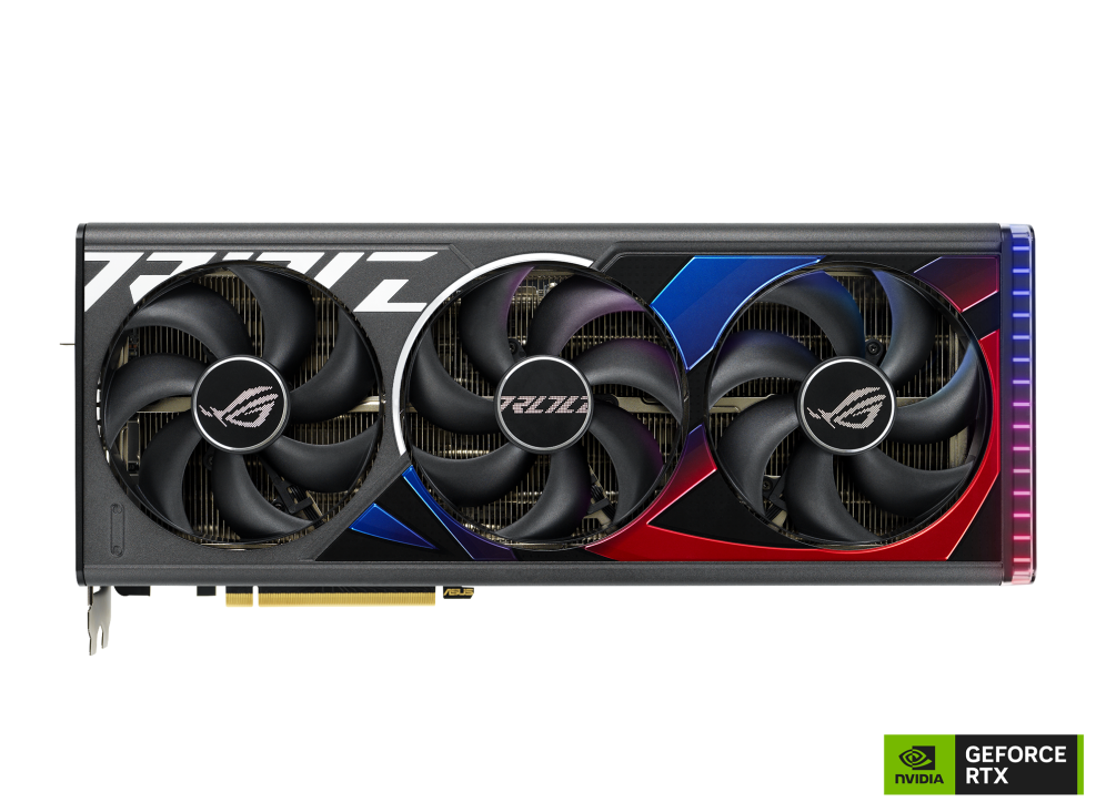 Front side of the ROG Strix GeForce RTX 4080 graphics card with NVIDIA logo