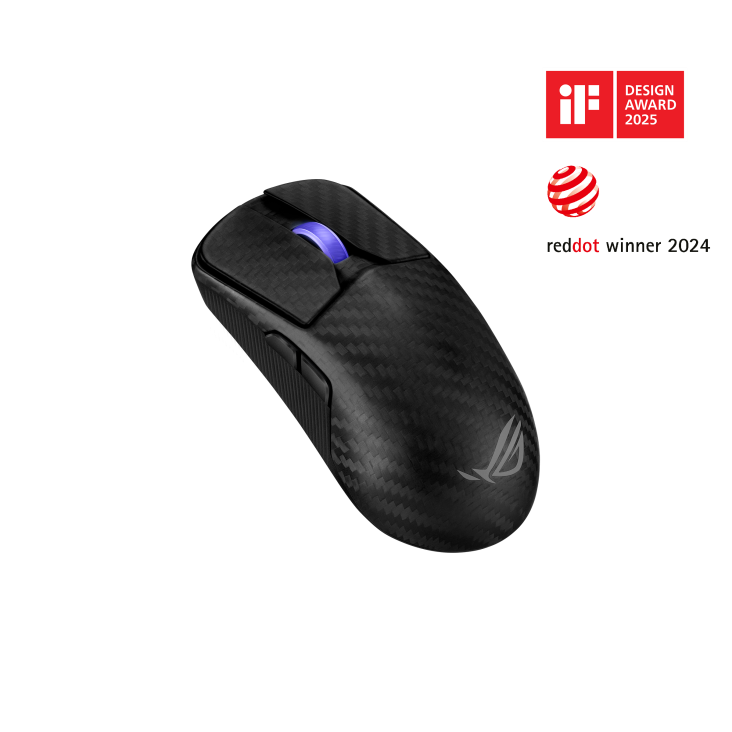 Angled side view of the ROG Harpe Ace Extreme carbon fiber mouse with the 2024 if award logo & the 2024 reddot award logo placed next to it
