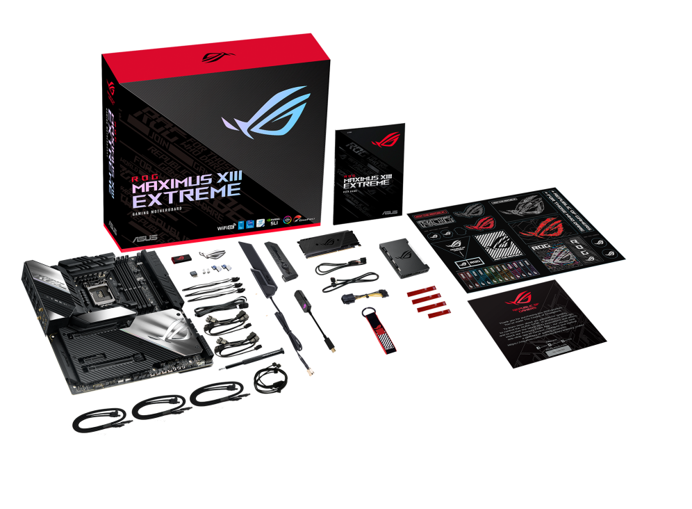 ROG Maximus XIII Extreme top view with what’s inside the box