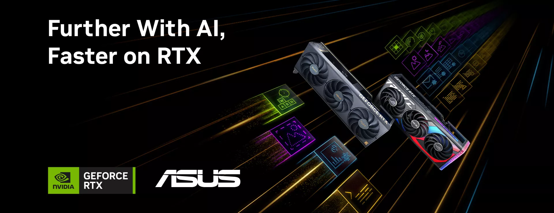 ProArt and ROG Strix graphics card shown floating with icons of NVIDIA tech in the background