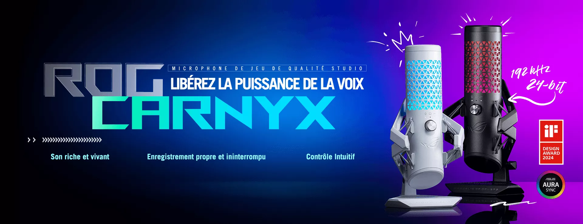 Two studio-grade gaming microphone, ROG Carnyx are shown, one in moonlight white and another in black, with the slogan 'Unleash the Power of Voice' with features including 'Rich, Vivid Sound,' 'Clean, Uninterrupted Recording,' and 'Intuitive Control.