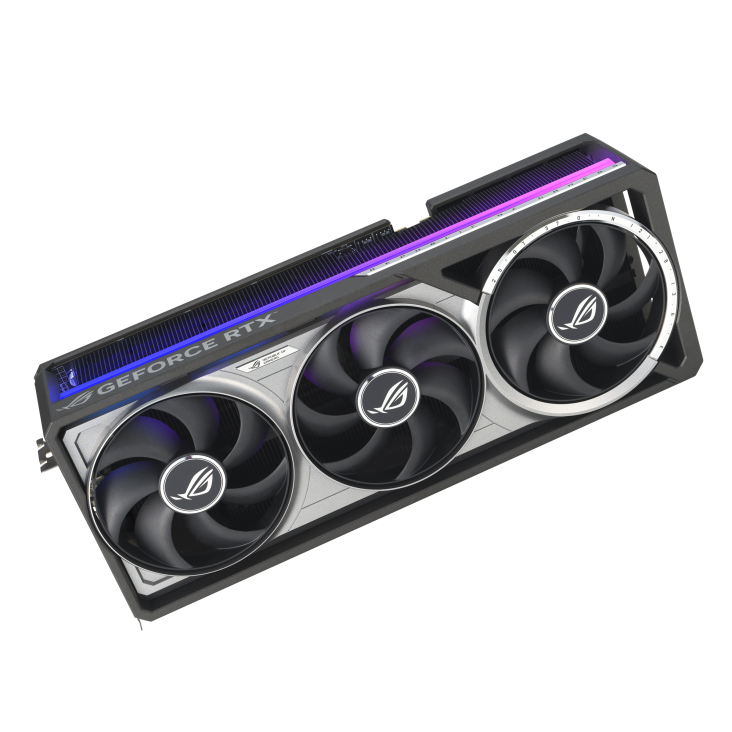 ROG Astral GeForce RTX™ 5080 16GB GDDR7 OC Edition_angled top down view+lighting