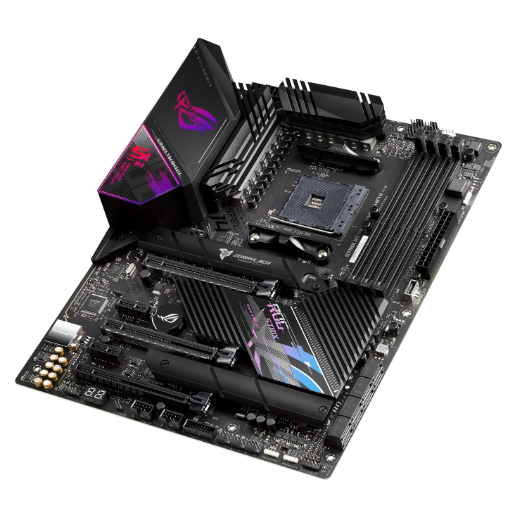 ROG STRIX X570-E GAMING WIFI II top and angled view from right